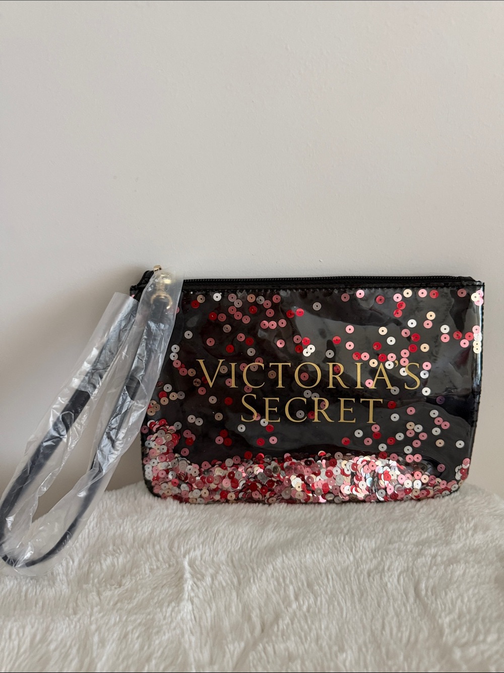 Victoria's Secret Black Wristlet with Pink Sequins and Gold Logo